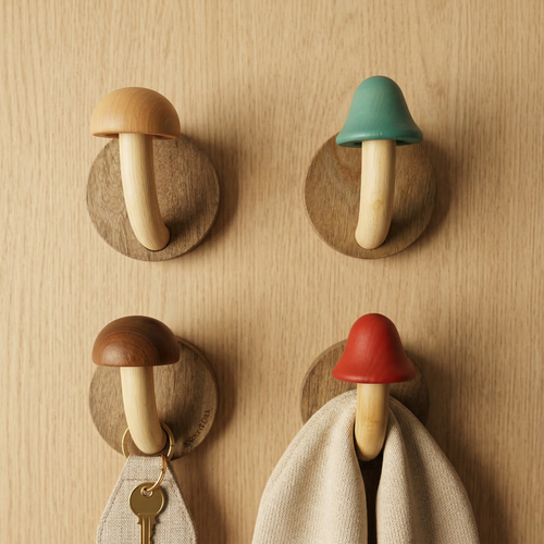 Wooden Mushroom Wall Hooks Set of 4