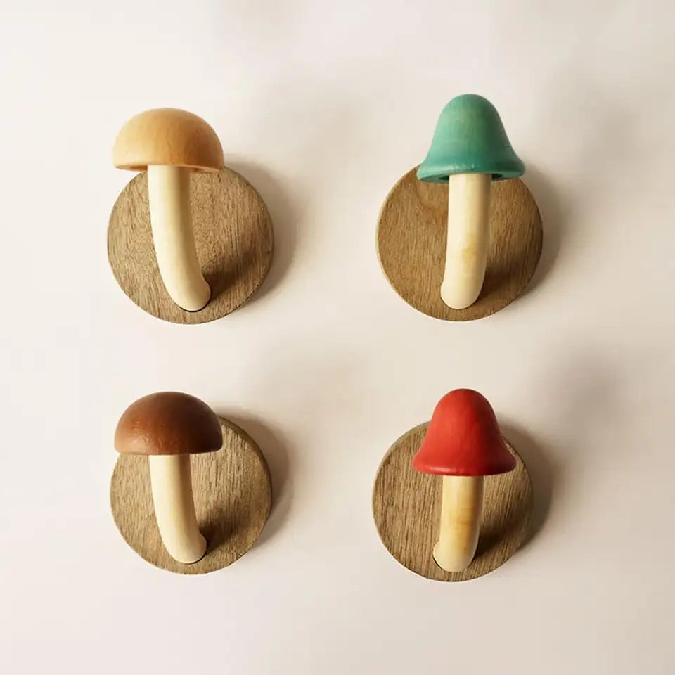 Wooden Mushroom Wall Hooks Set of 4