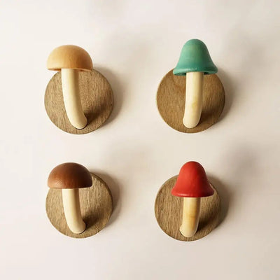 Wooden Mushroom Wall Hooks Set of 4