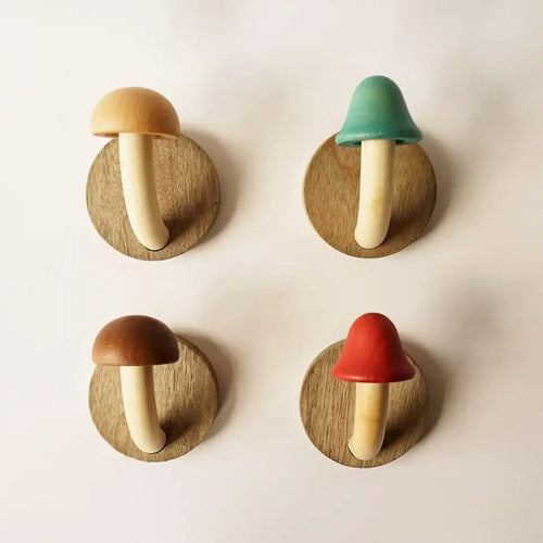 Wooden Mushroom Wall Hooks Set of 4