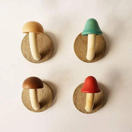 Wooden Mushroom Wall Hooks Set of 4