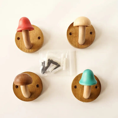 Wooden Mushroom Wall Hooks Set of 4