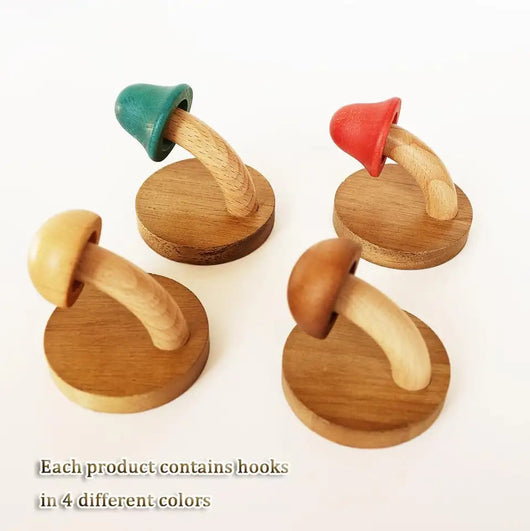 Wooden Mushroom Wall Hooks Set of 4